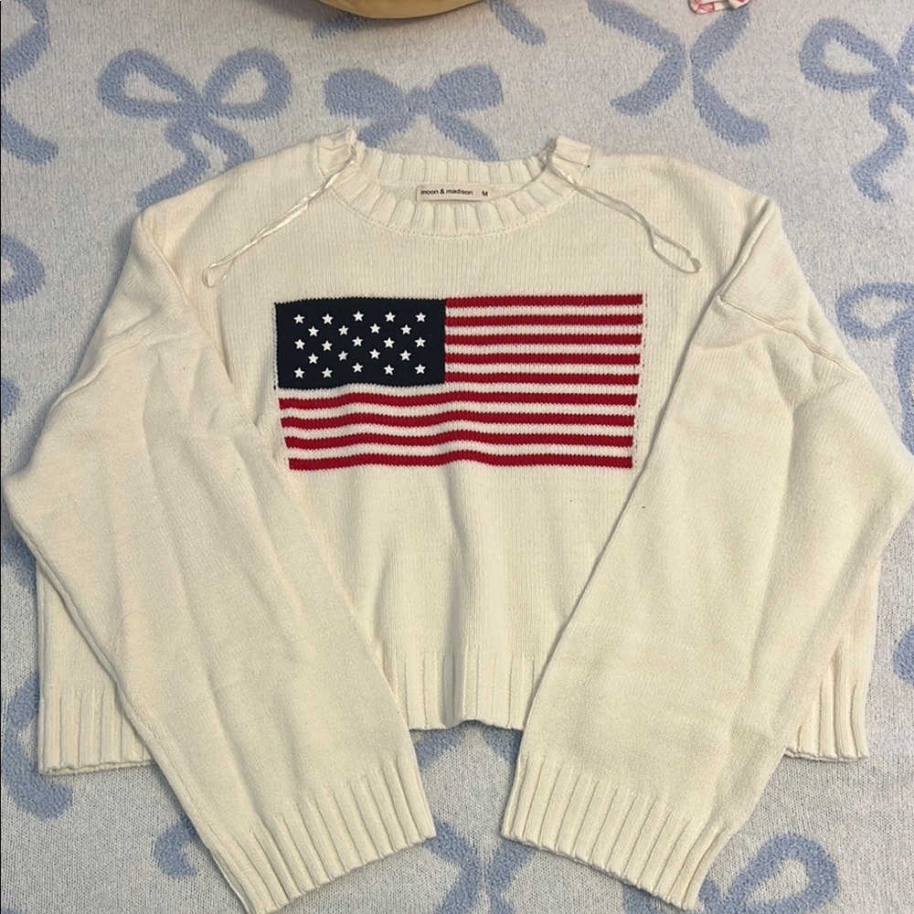 Cream Crew Neck Sweater with American Flag